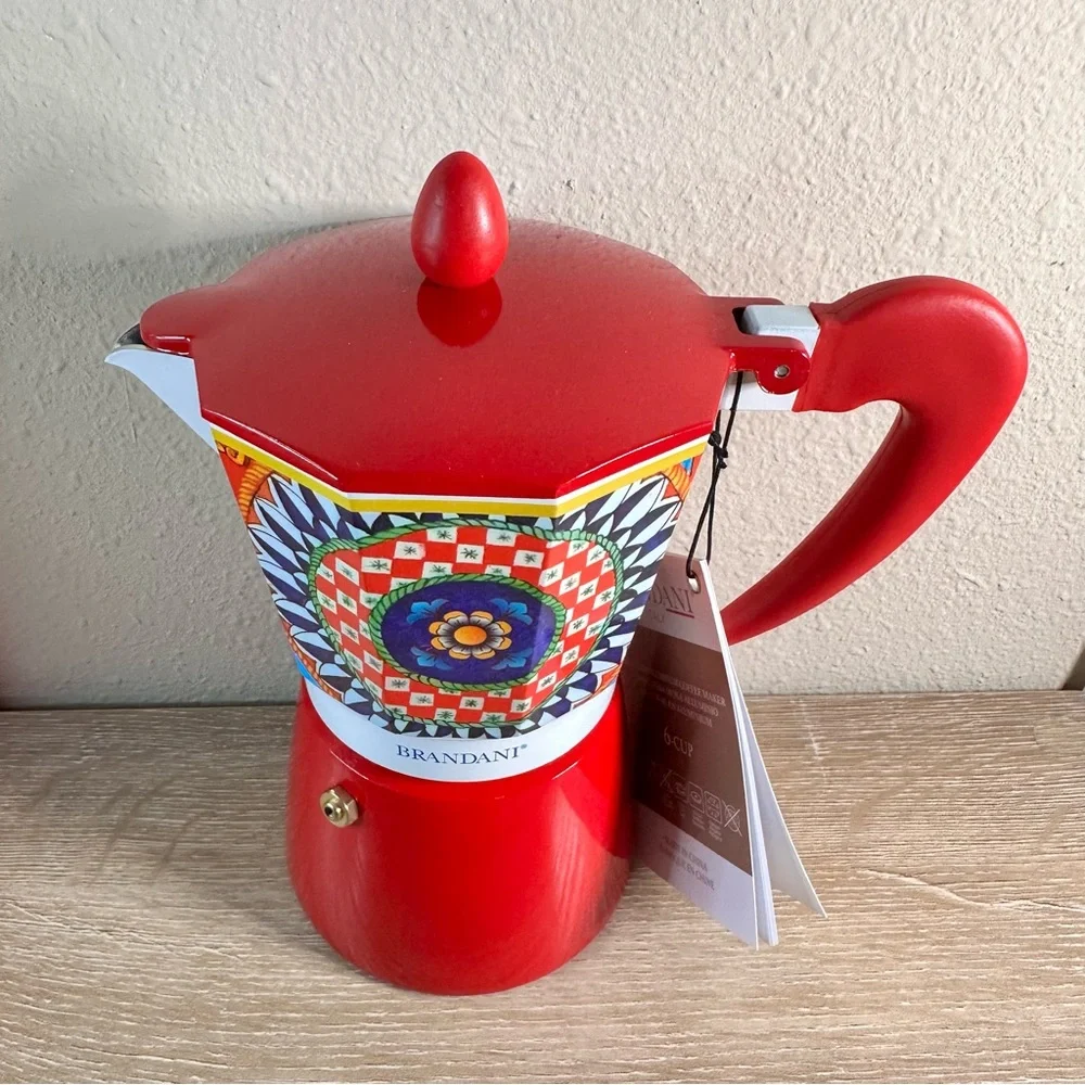 Brandani 6 CUP Italian Coffee Maker MOKA POT Aluminum SICILIAN PATTERN NWT